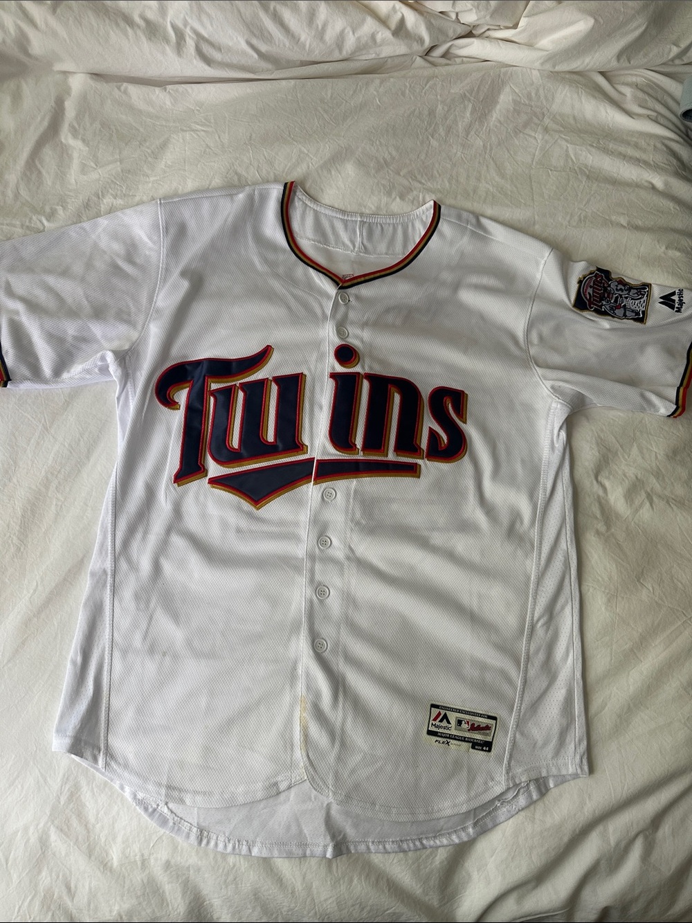 Majestic White Twins Jersey with Navy & Red Script
